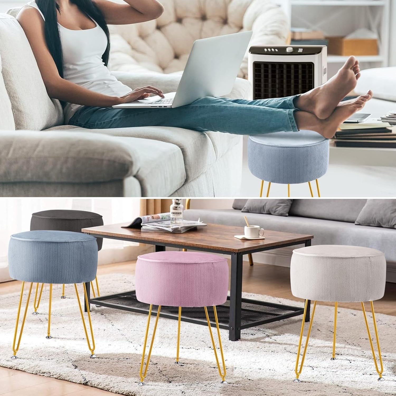 Blue Round Velvet Dressing Table Stool – Padded Vanity Seat with Golden Legs