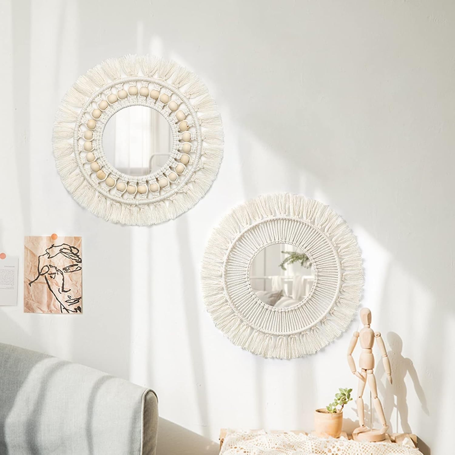 Round Boho Macrame Wall Mirror 36cm Fringe Bedroom Decor