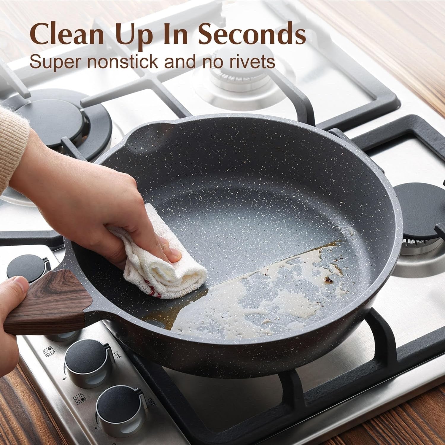 26cm Grey Deep Non stick Saute Pan with Lid 4L  Skillet Induction Compatible
