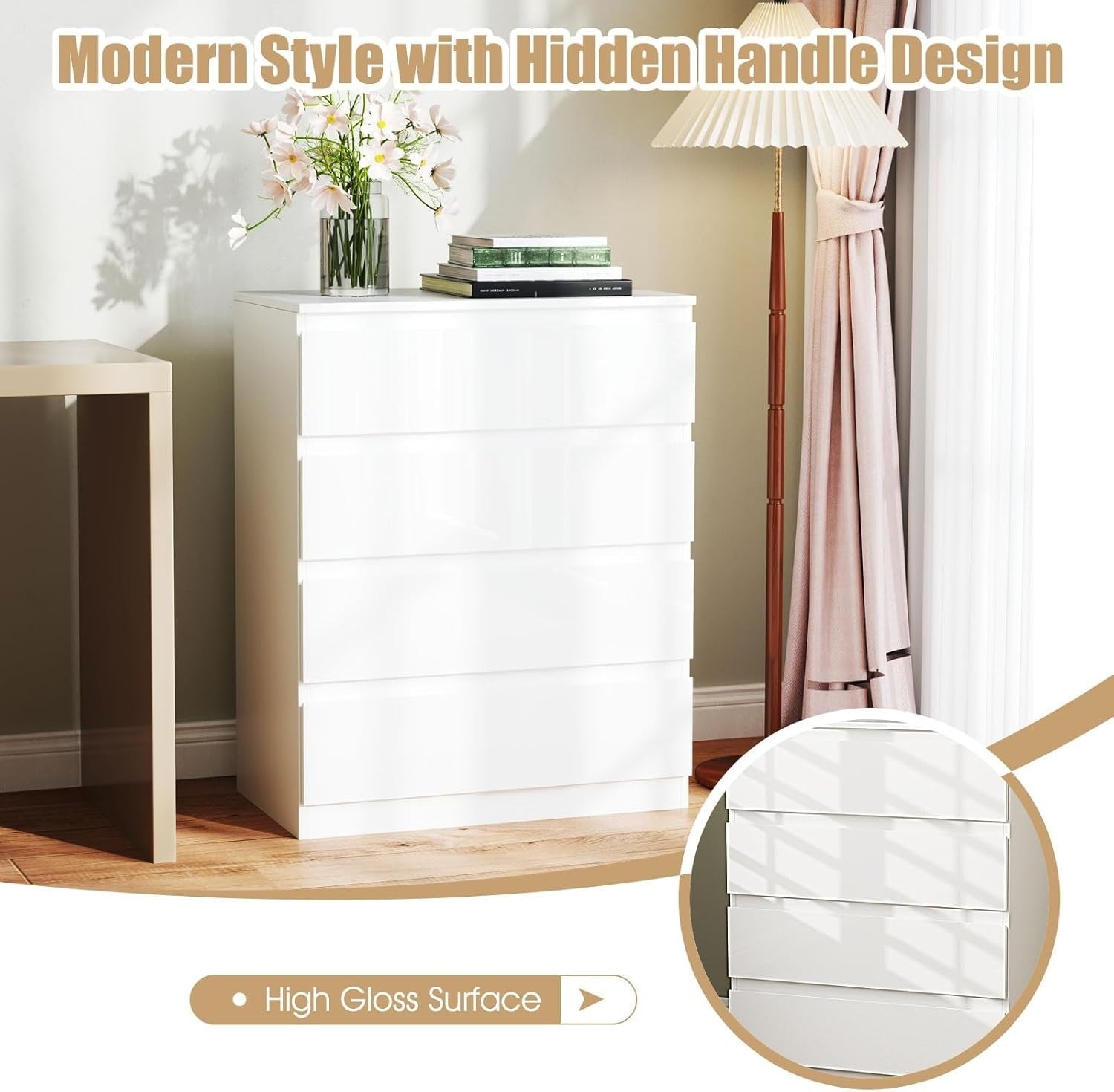 White High Gloss 4 Drawer Chest Modern Storage Unit for Bedroom 70x89cm