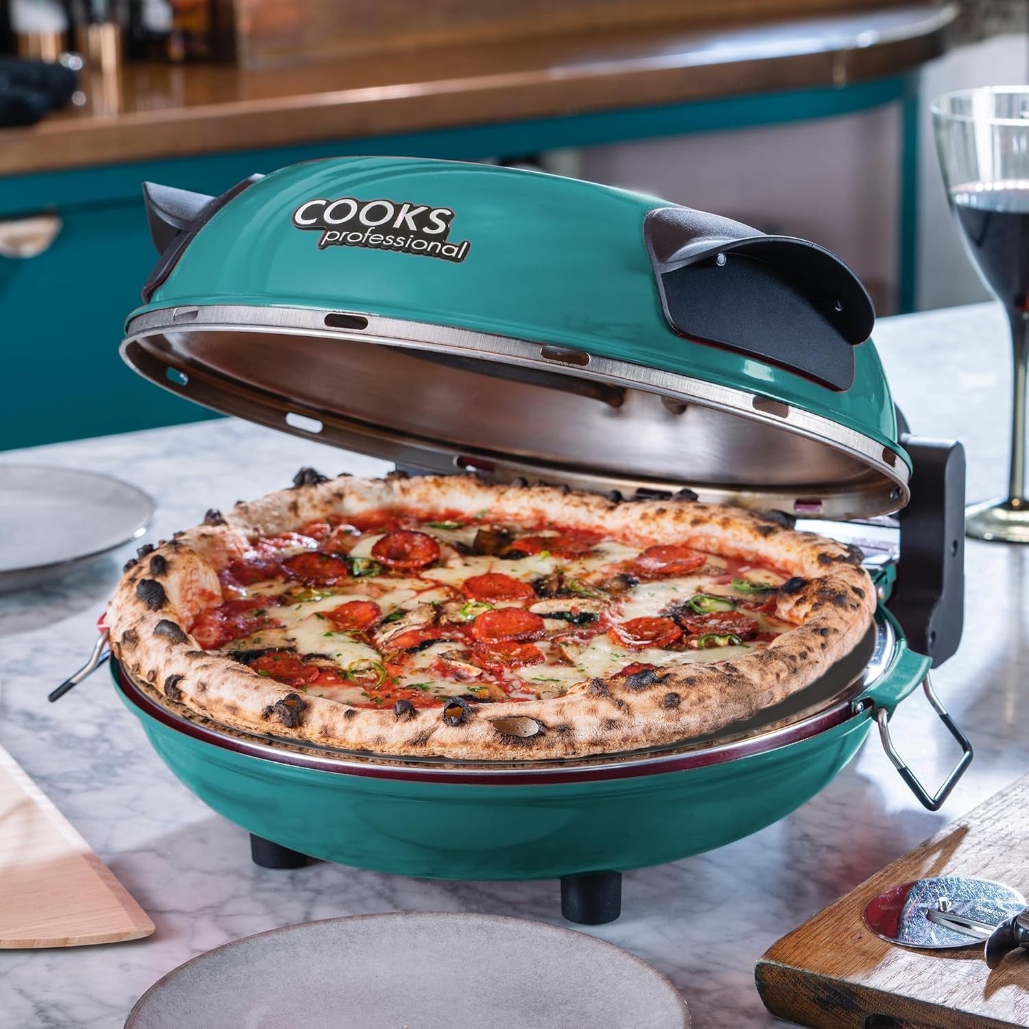 1200W Electric Pizza Oven 31cm Stone Base Glass Timer Cutter Teal