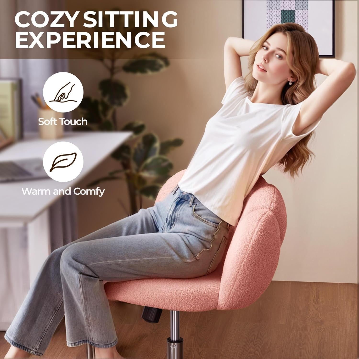 Pink Boucle Cloud Vanity Chair Swivel Adjustable Desk Chair with Wheels