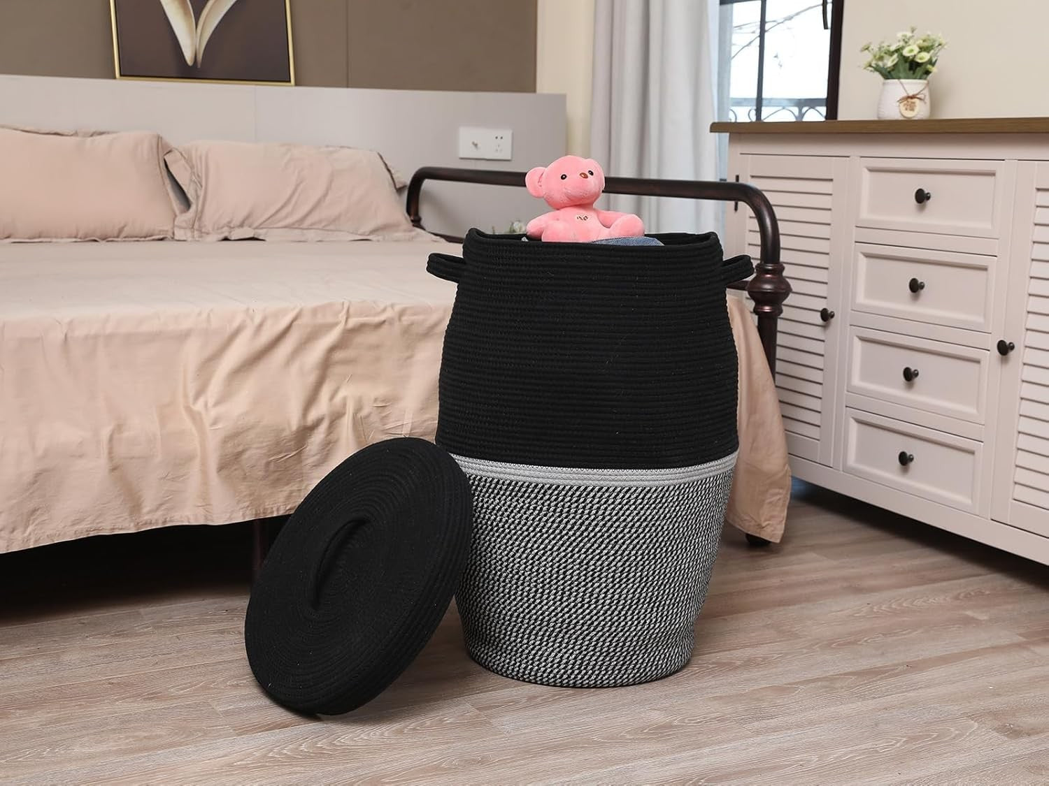 XL 26" Black Cotton Rope Laundry Basket with Lid Large Woven Storage Hamper