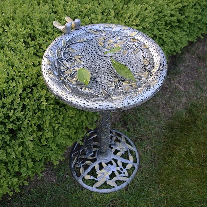 Antique Pewter Cast Bird Bath – Elegant Outdoor Hummingbird Garden Decor