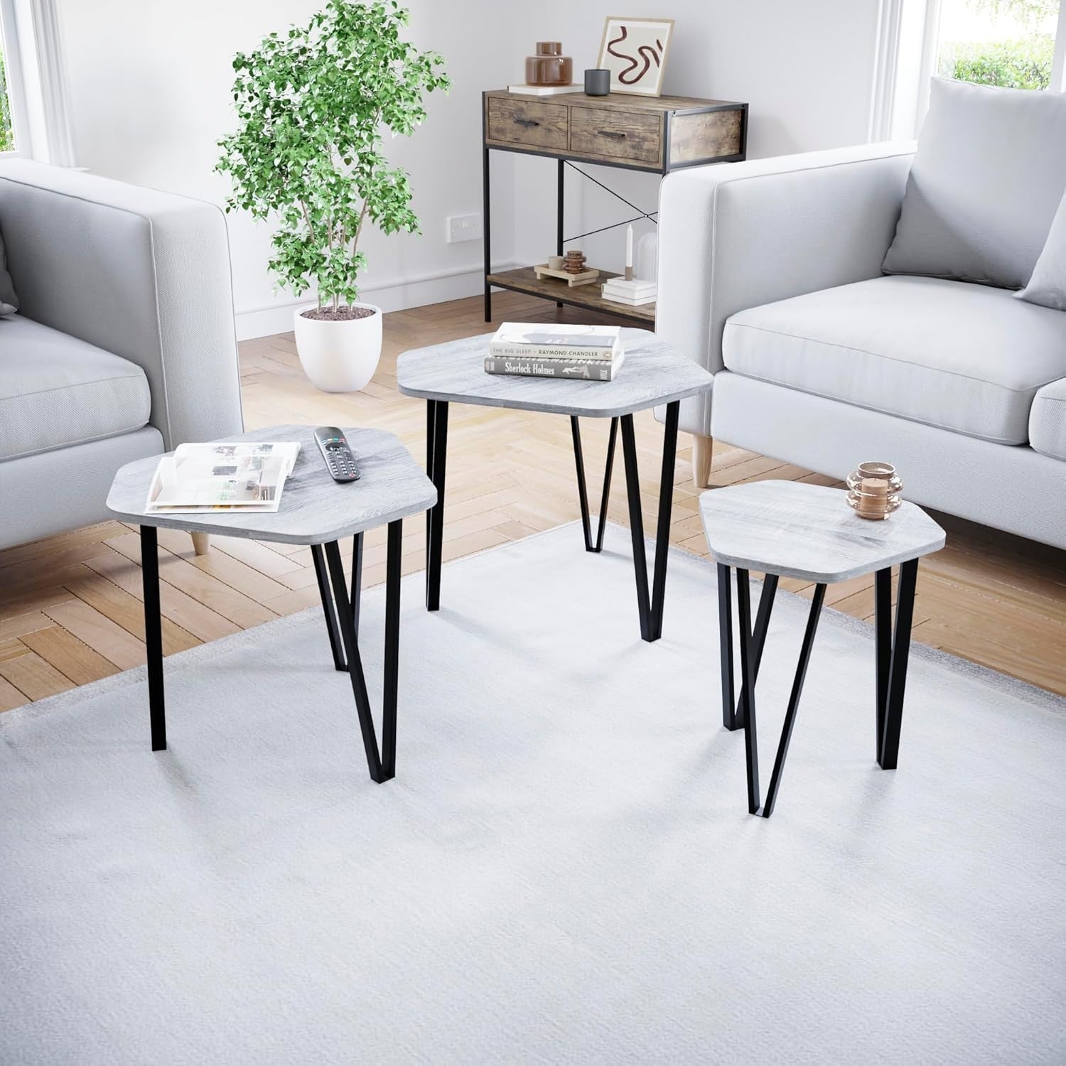 3 Nesting Coffee Tables Set of 3 Industrial Hexagonal End Side Metal Wood Grey