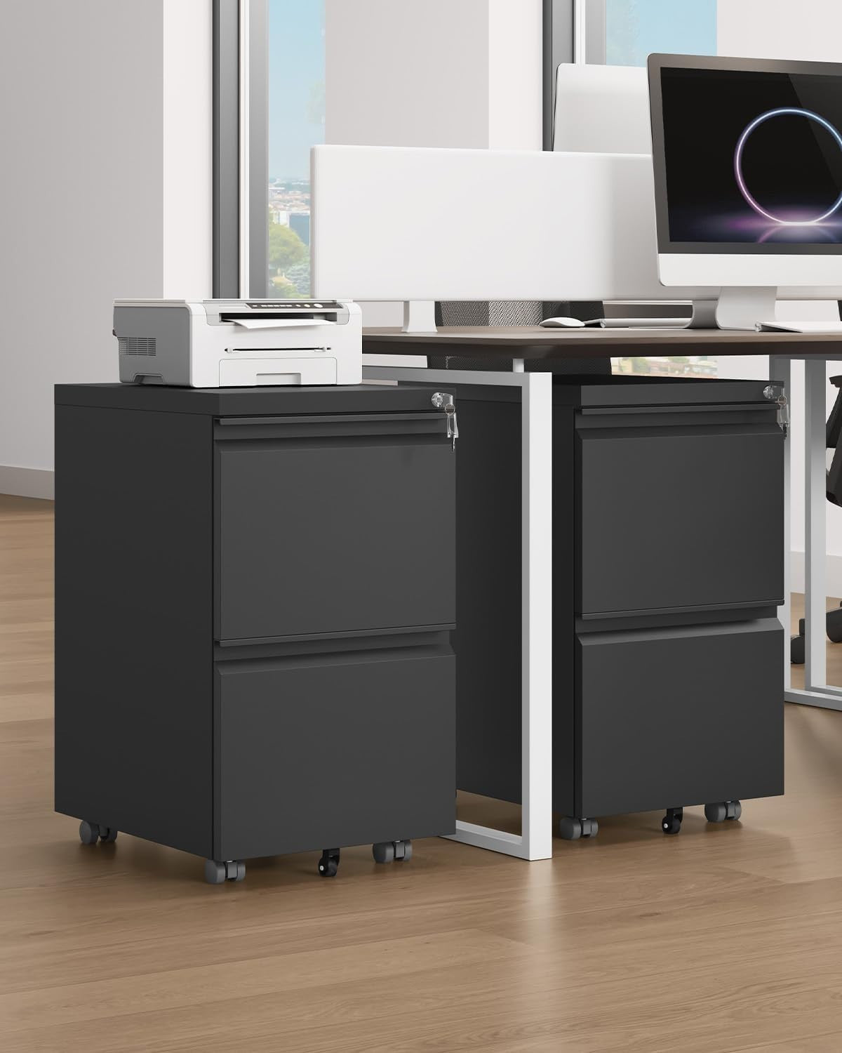 Black Mobile Filing Cabinet 2 Drawer Locking Metal Office Storage 71cm