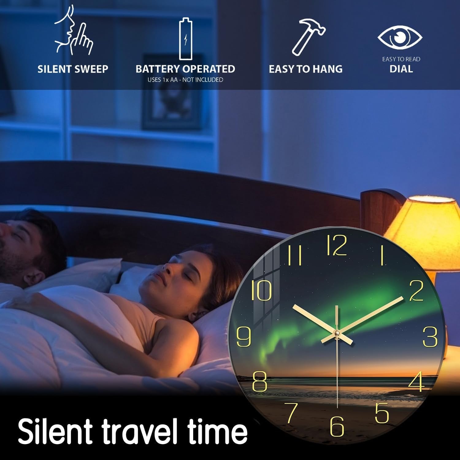 Aurora Wall Clock 12" Glass Silent Non-Ticking Modern Green Gold Home Decor