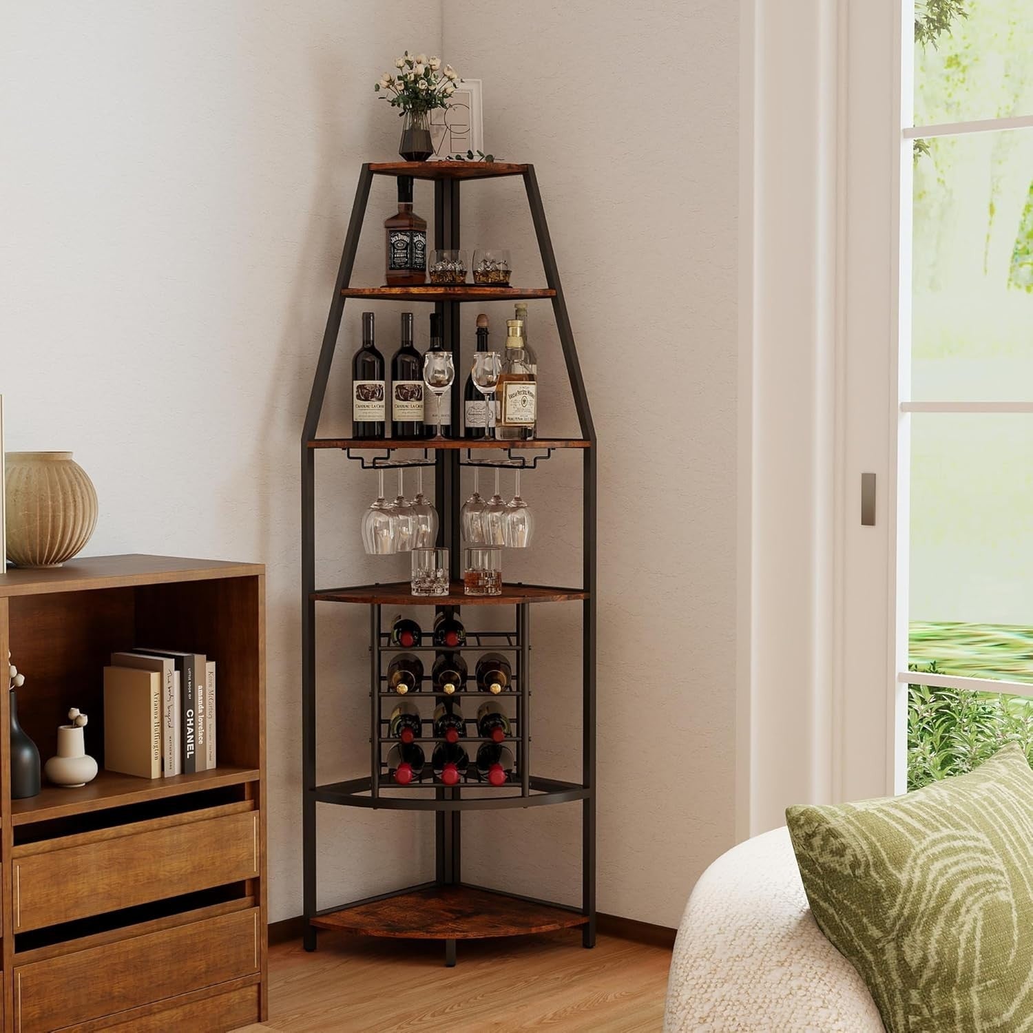 5-Tier Corner Wine Rack with Glass Holders & Bottle Storage, Space-Saving Bar
