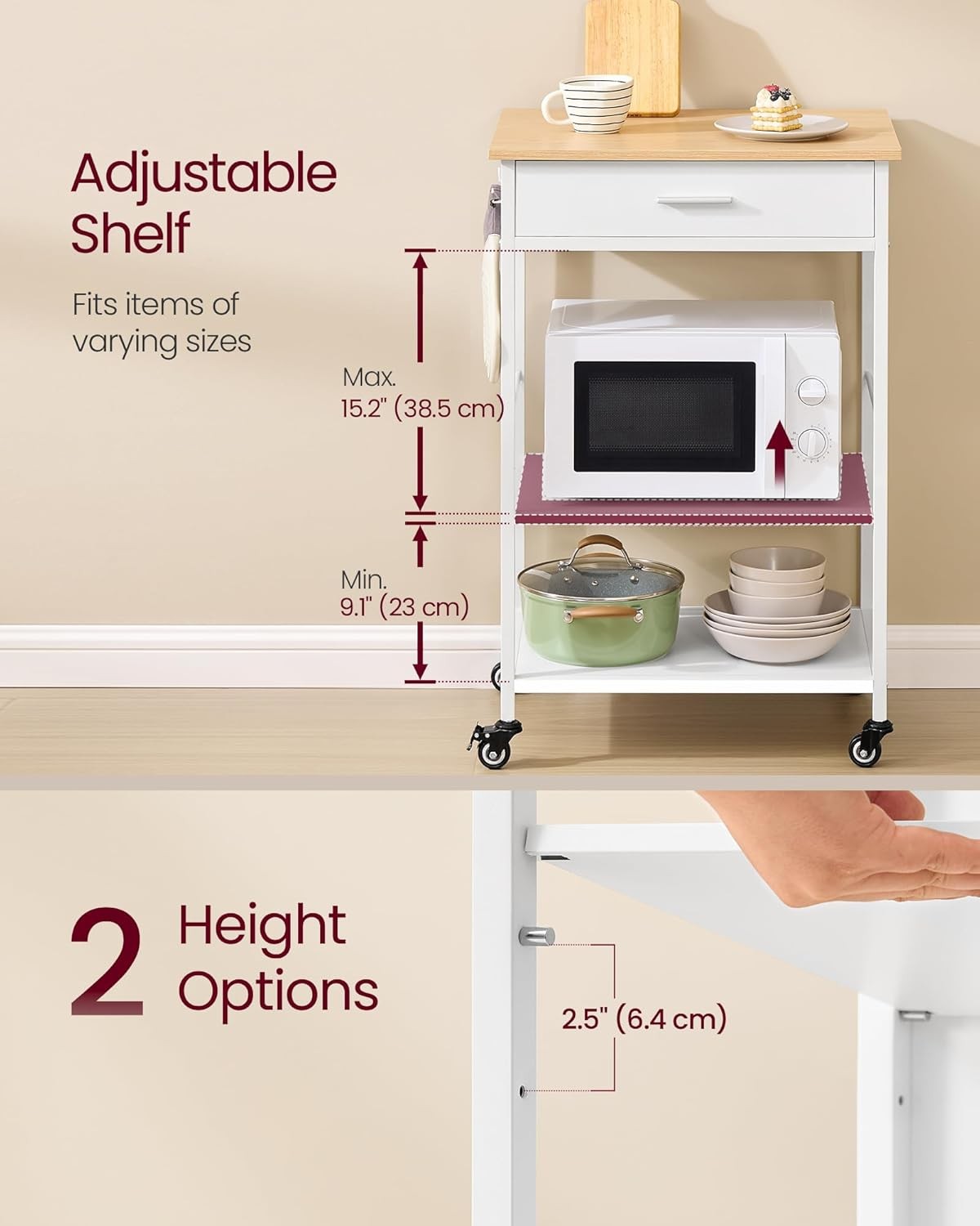 Kitchen Island Trolley on Wheels Storage Cart with Drawer Shelf Hooks