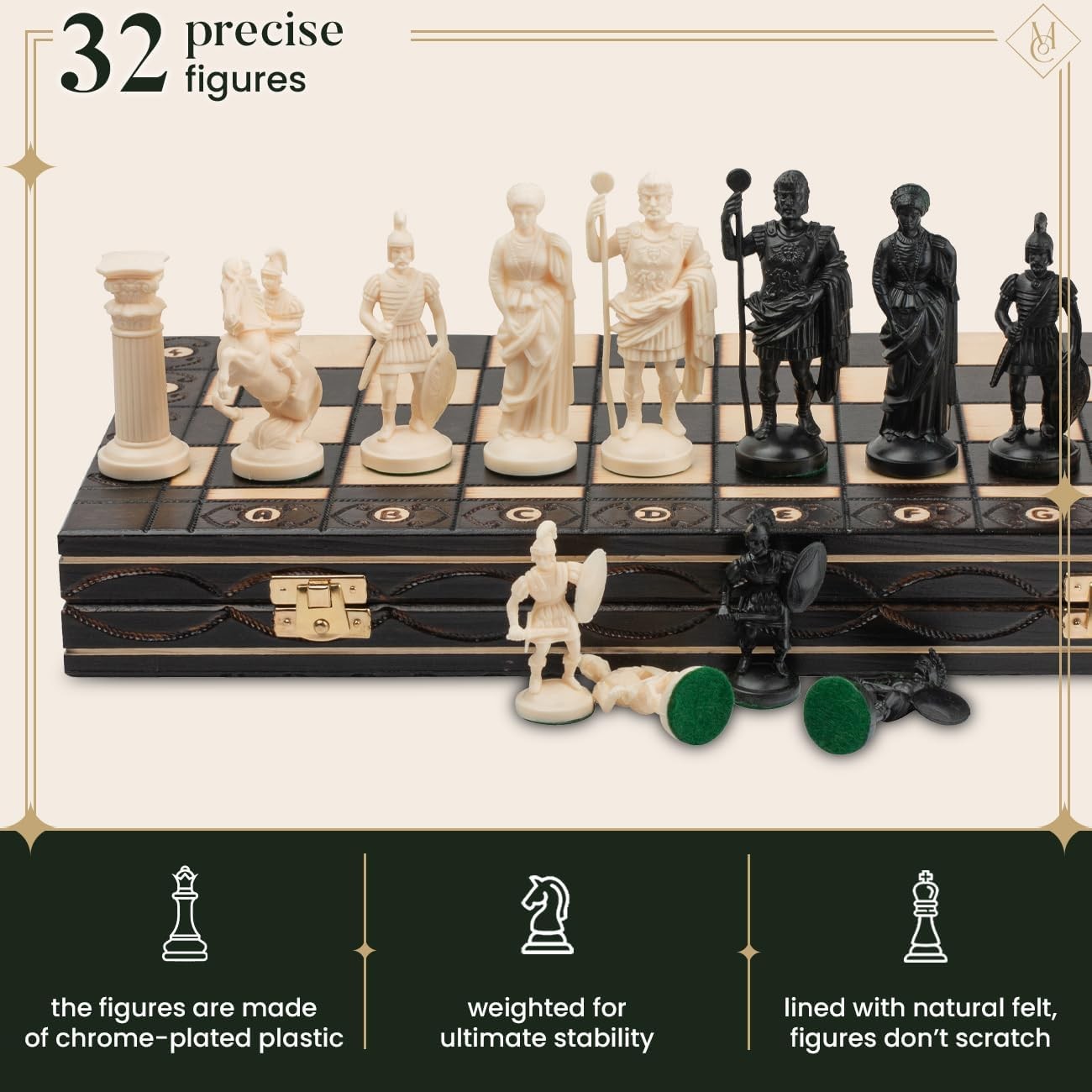 16" Spartan Medieval Chess Set Weighted Pieces & Engraved Folding Board