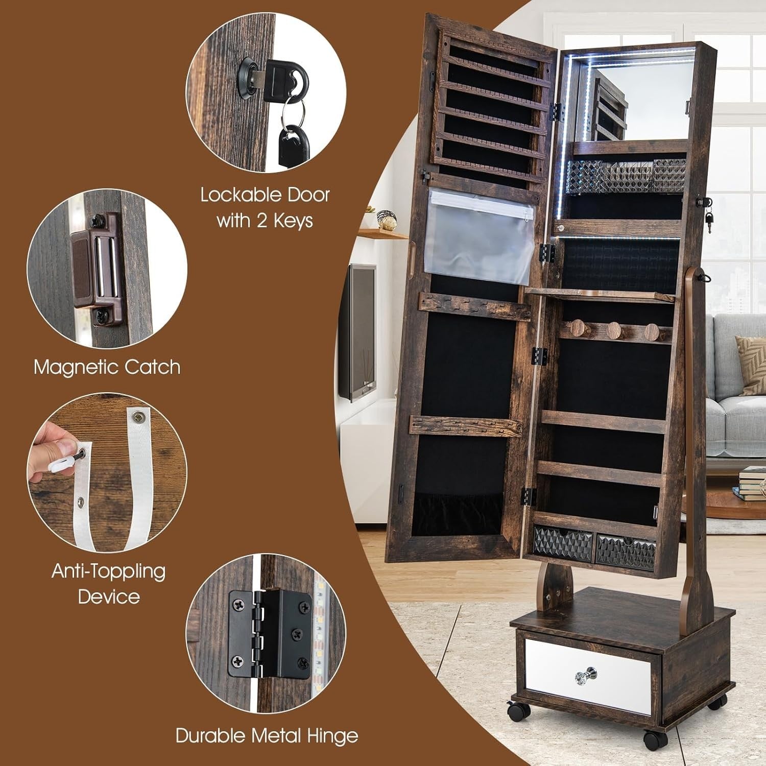 Coffee LED Jewellery Cabinet Lockable Full Length Mirror Mobile