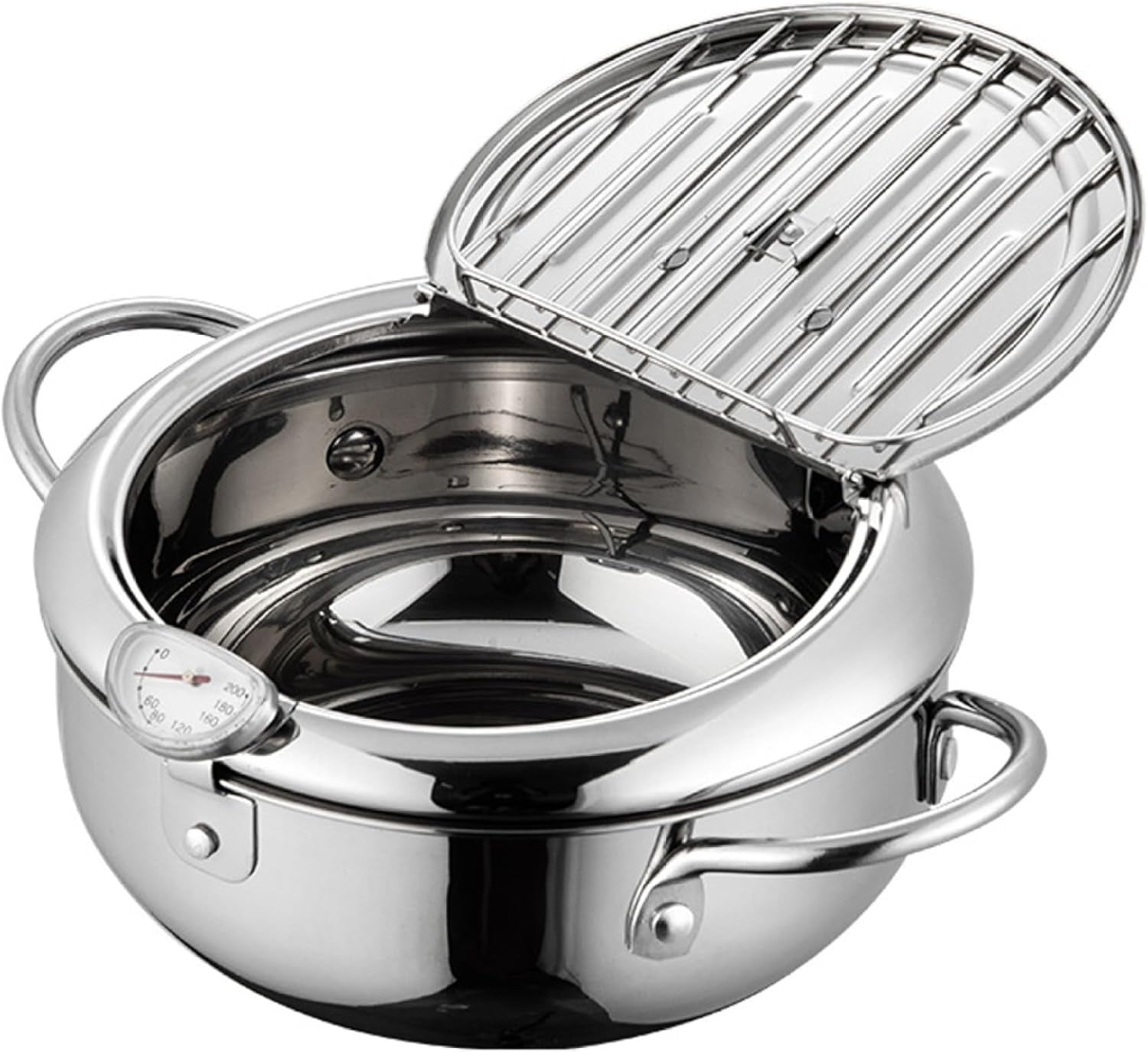4.2L Stainless Steel Tempura Fryer Pot 11'' Thermometer Oil Drip Rack