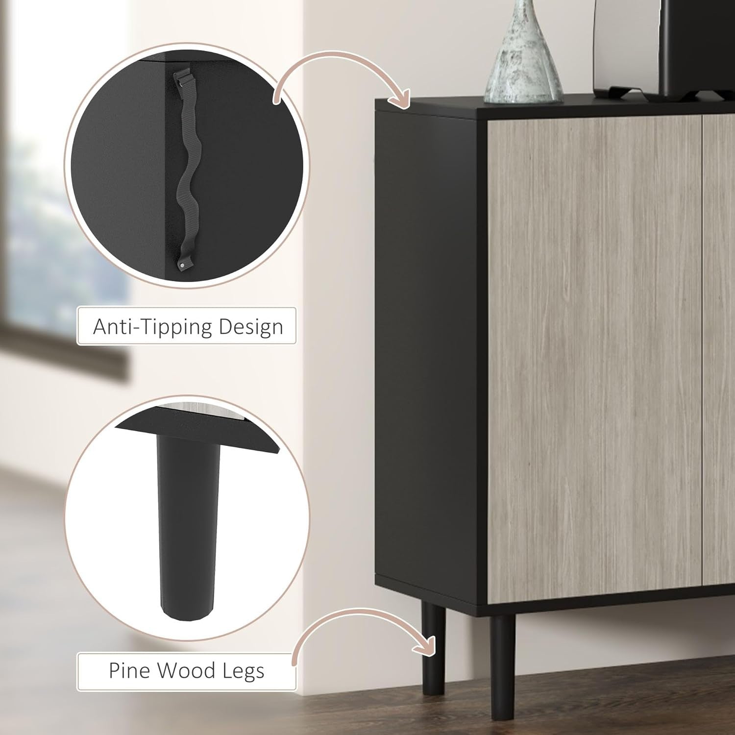 Modern Sideboard Cabinet with Adjustable Shelves, 4 Doors, Solid Wood Legs