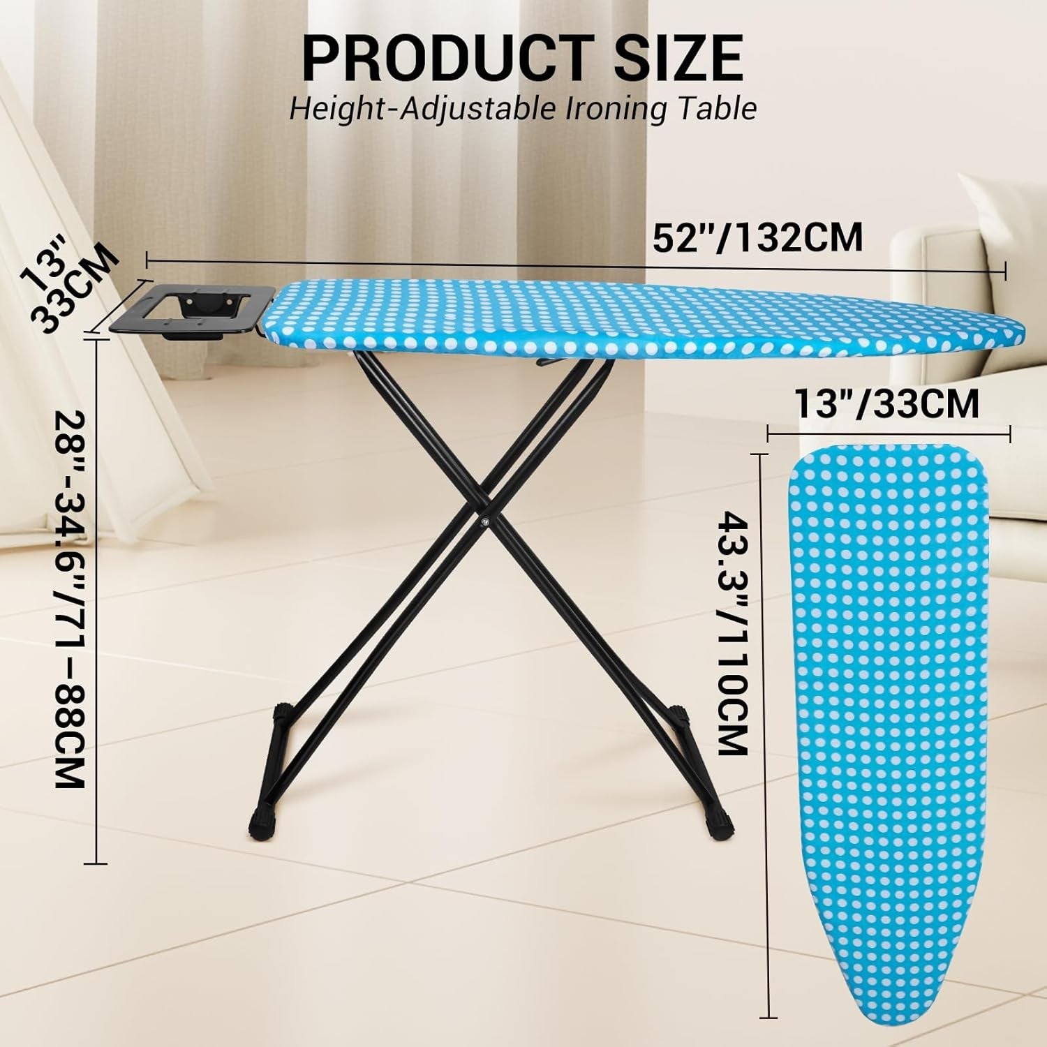 Large Ironing Board Adjustable Height Anti Slip with Iron Rest 132x33cm