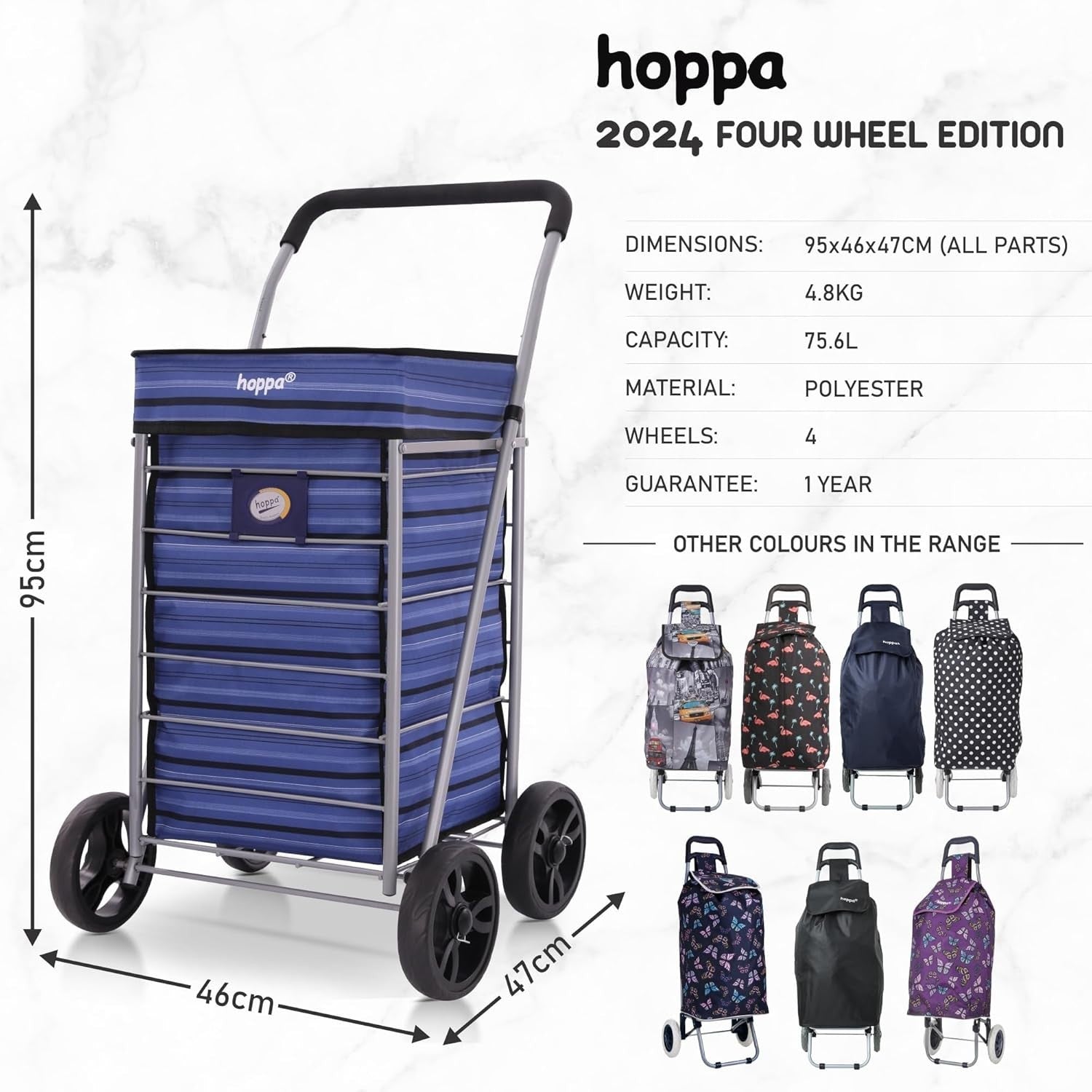 Lightweight 4 Wheel Shopping Trolley 75.6L Foldable Push Pull Bag
