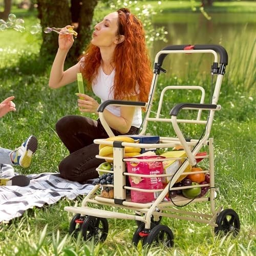 Walk & Rest Shopping Trolley with Seat 27L Foldable 4 Wheel Brakes White
