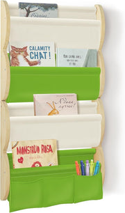 Montessori Kids Wall Bookshelf 4 Tier Storage Rack with Pockets – Green