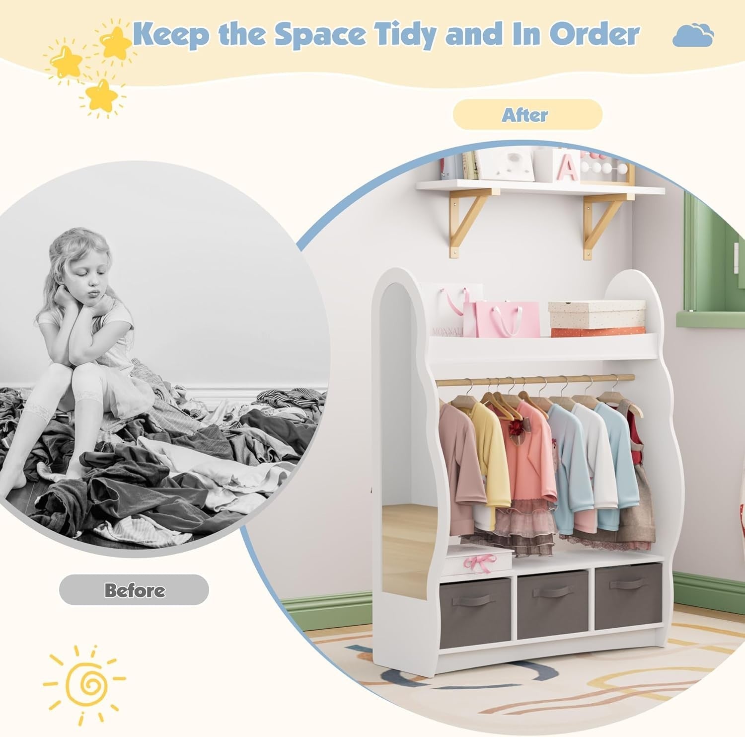 Kids Wardrobe with Mirror, Hanging Rail & 3 Drawers, White Cloud Design
