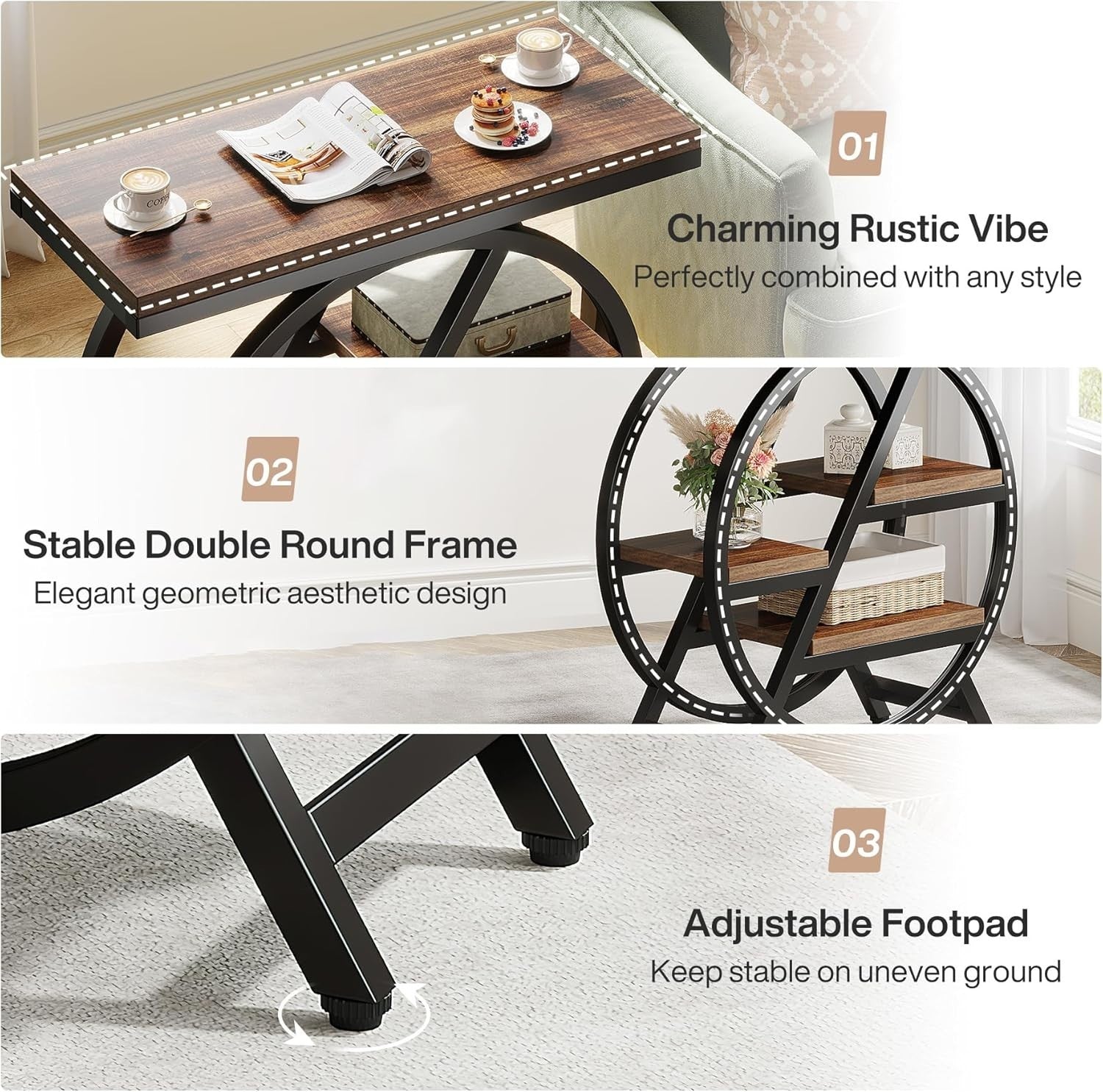 3-Tier Rustic Brown Side Table with Storage, Industrial Sofa & Nightstand