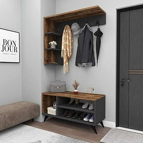 Light Walnut Coat Rack & Shoe Storage Bench – Modern Hallway Organizer Unit