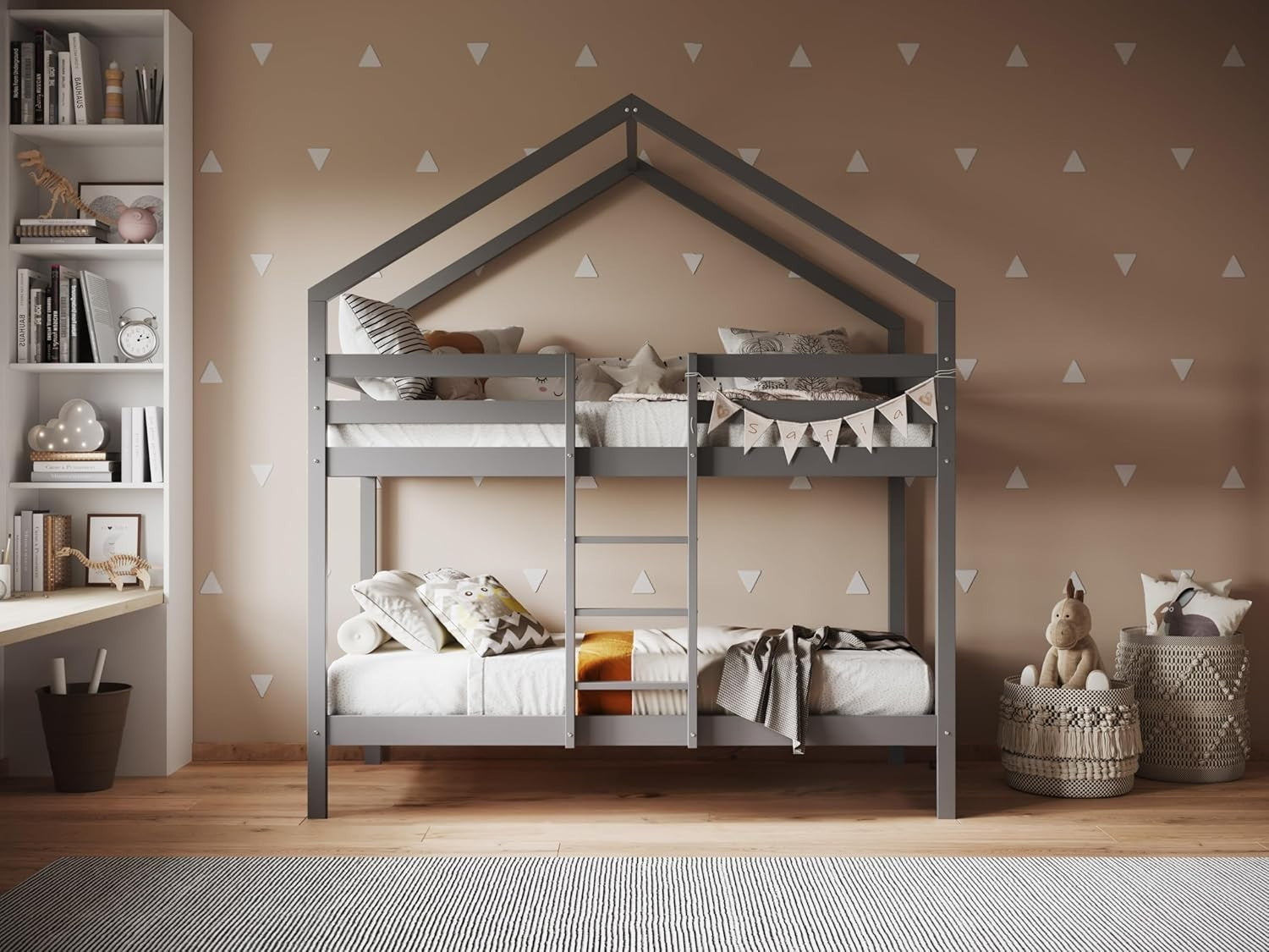 Kids Grey Bunk Bed with Roof Frame Pine Wood Sturdy Safe Sleep Space
