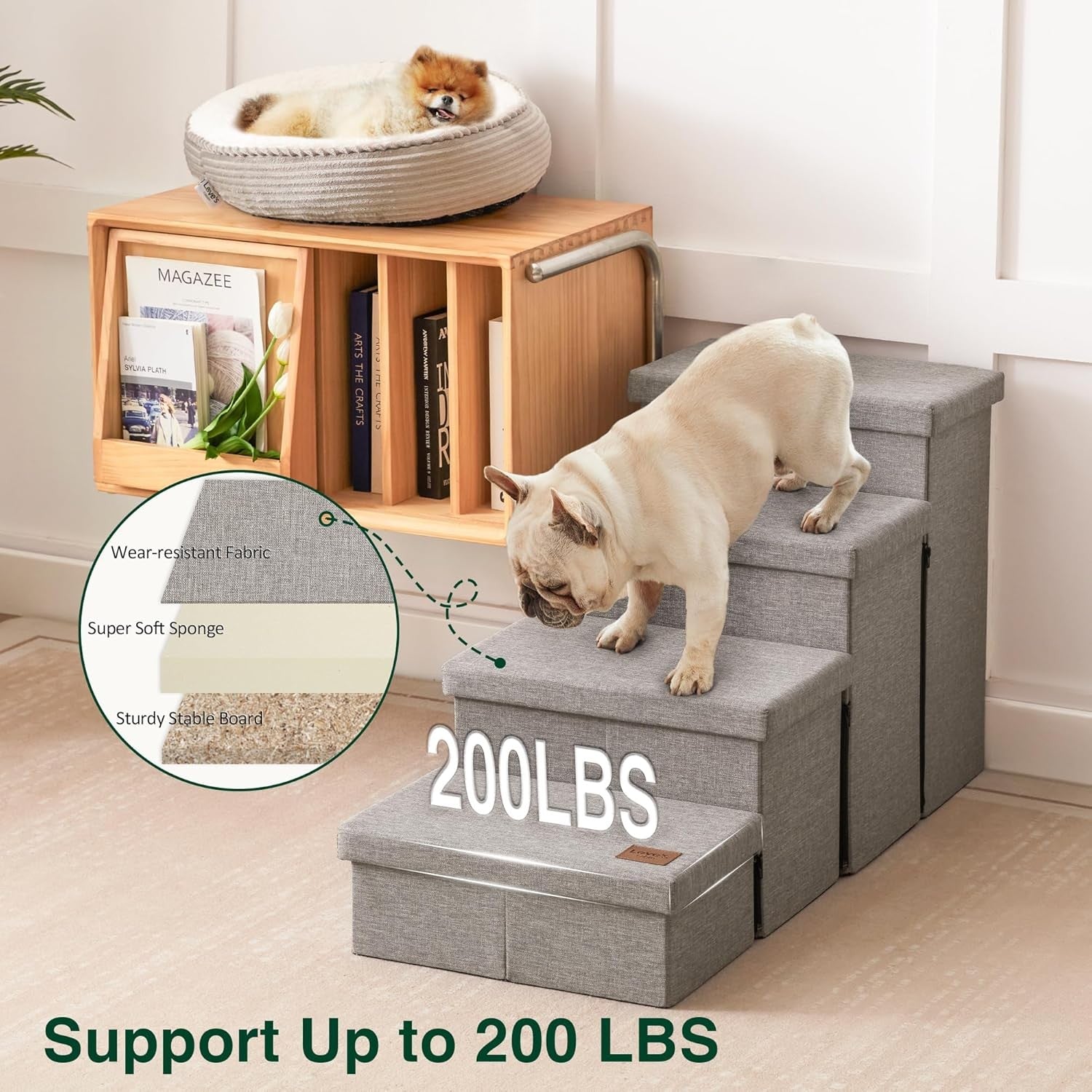 Dog Stairs 4 Step with Storage Foldable Pet Steps Solid Grey 200lb