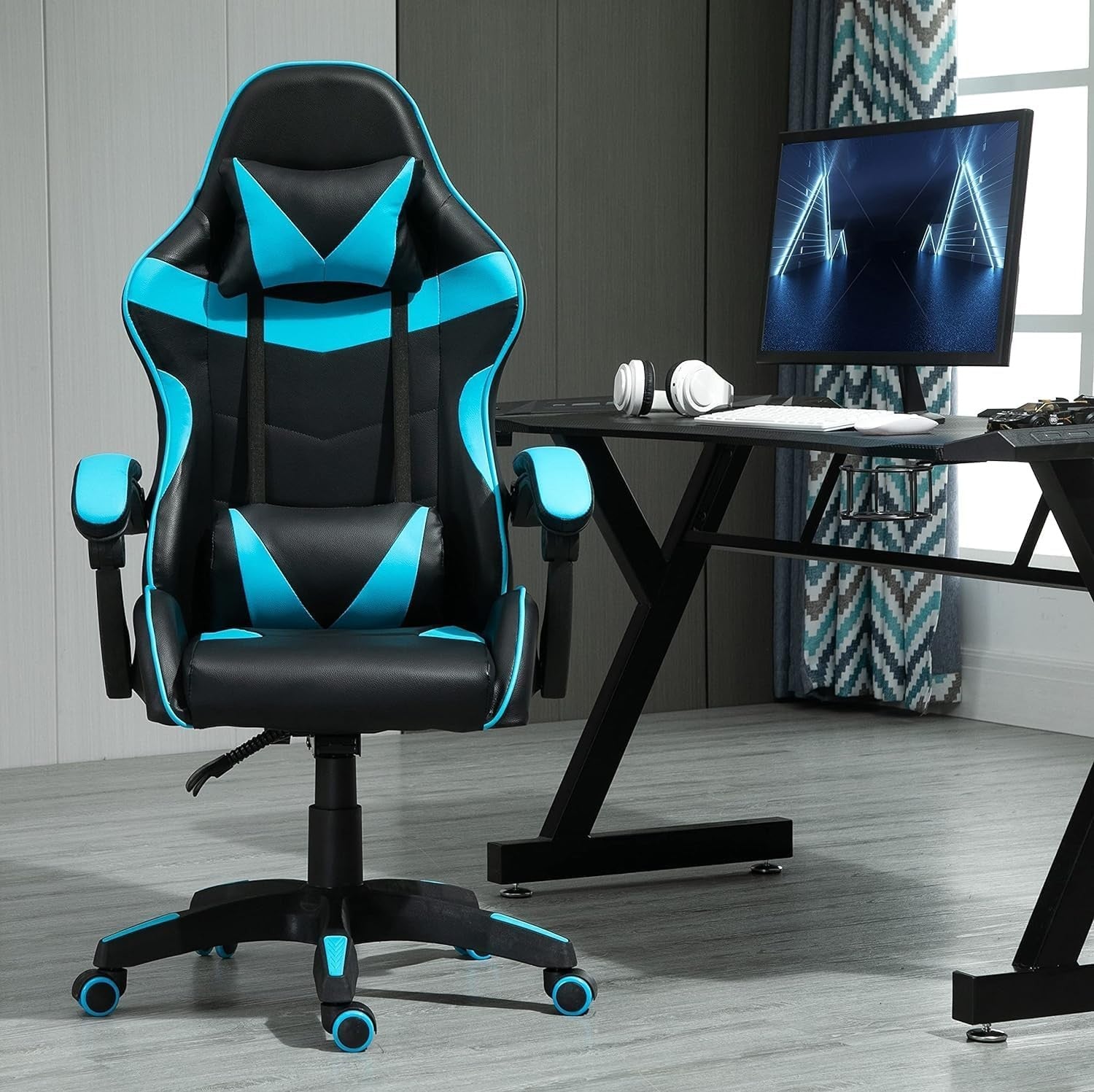 Reclining Gaming Chair Faux Leather w/ Lumbar Headrest Blue