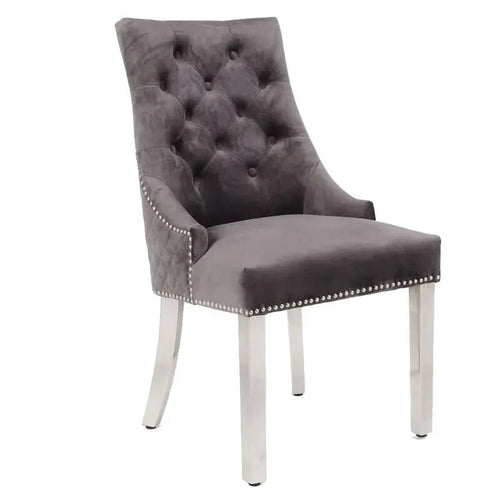 Pair Grey Velvet Dining Chairs | Lion Knocker Chrome Legs Tufted Back