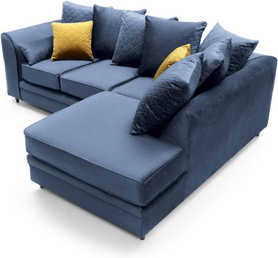 Right Hand Dark Blue L Shape Corner Sofa Velvet Water-Repellent Comfort