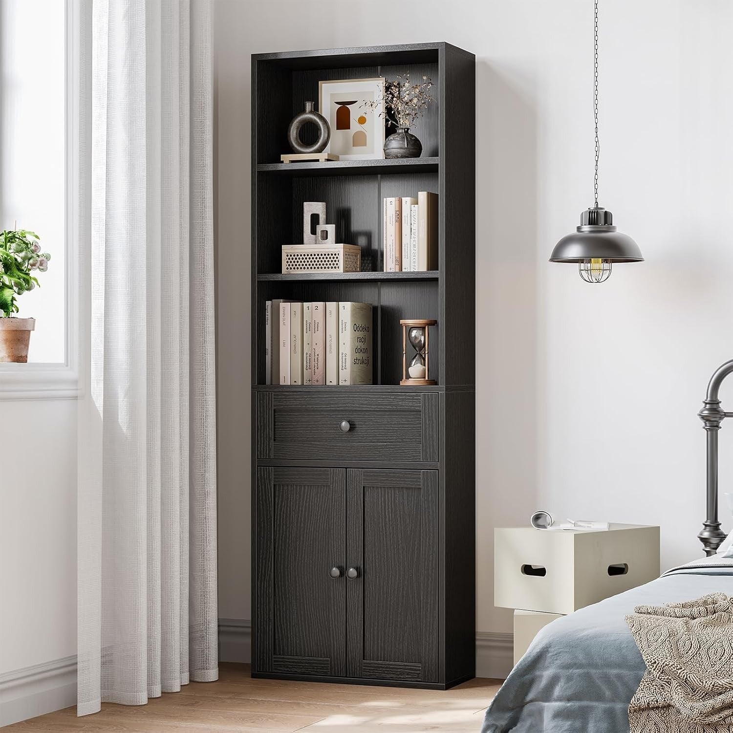 5 Tier Bookcase with Doors Drawers Display Storage Shelf Tall Cabinet Black