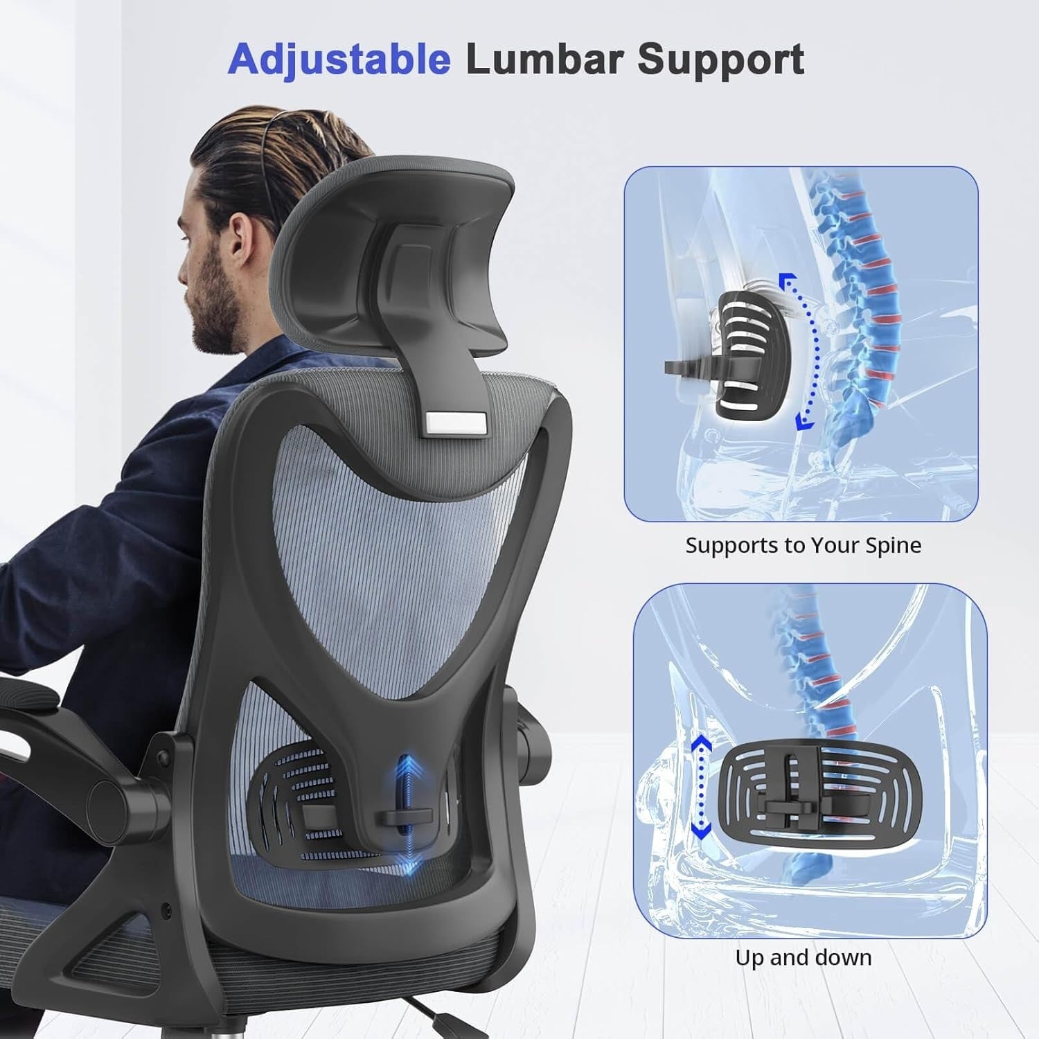 Ergonomic Mesh Office Chair High Back Swivel Desk Chair Flip-up Arms Grey