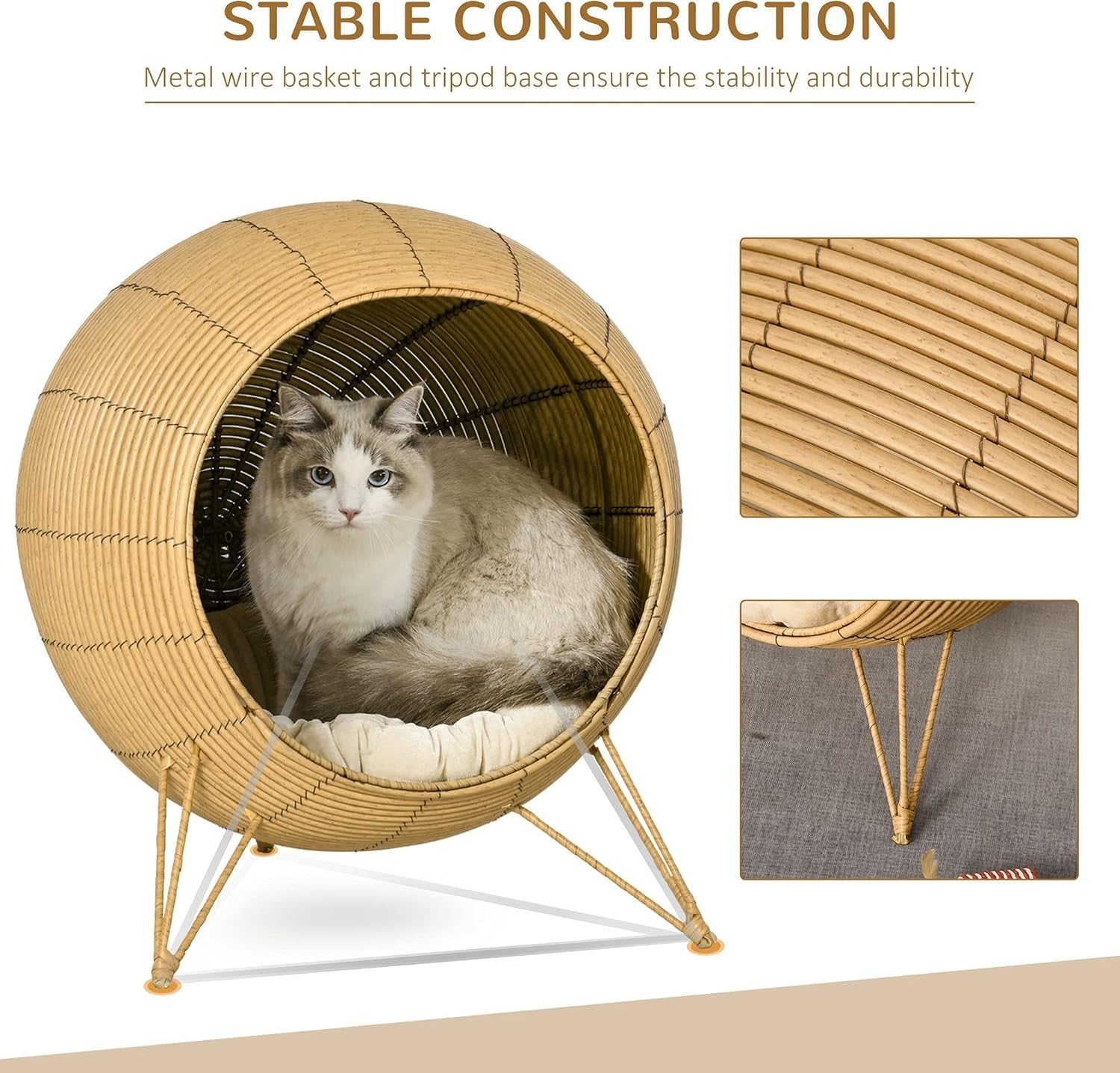 Elevated Wicker Cat Bed Rattan Pet Cave House w Cushion 52cm