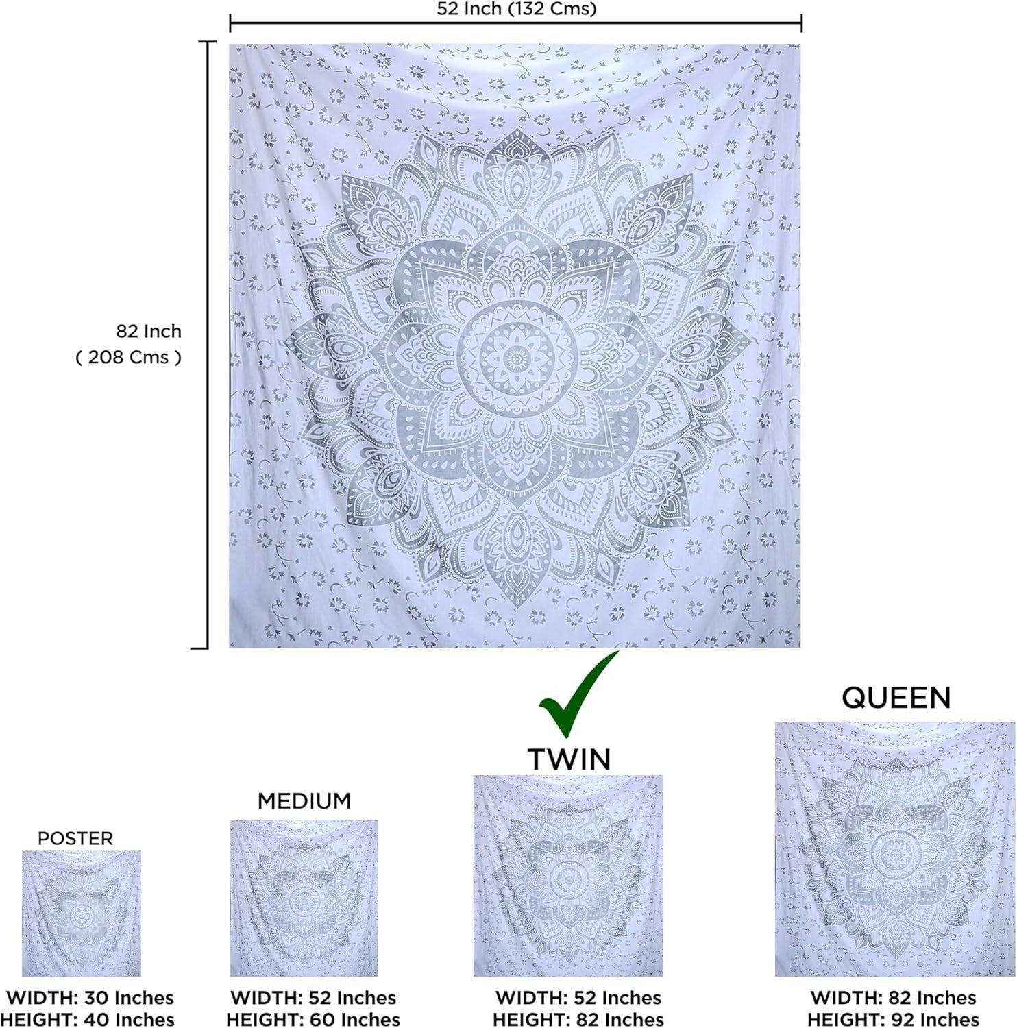 Boho Grey Silver Ombre Mandala Tapestry 55x82" Cotton Wall Decor