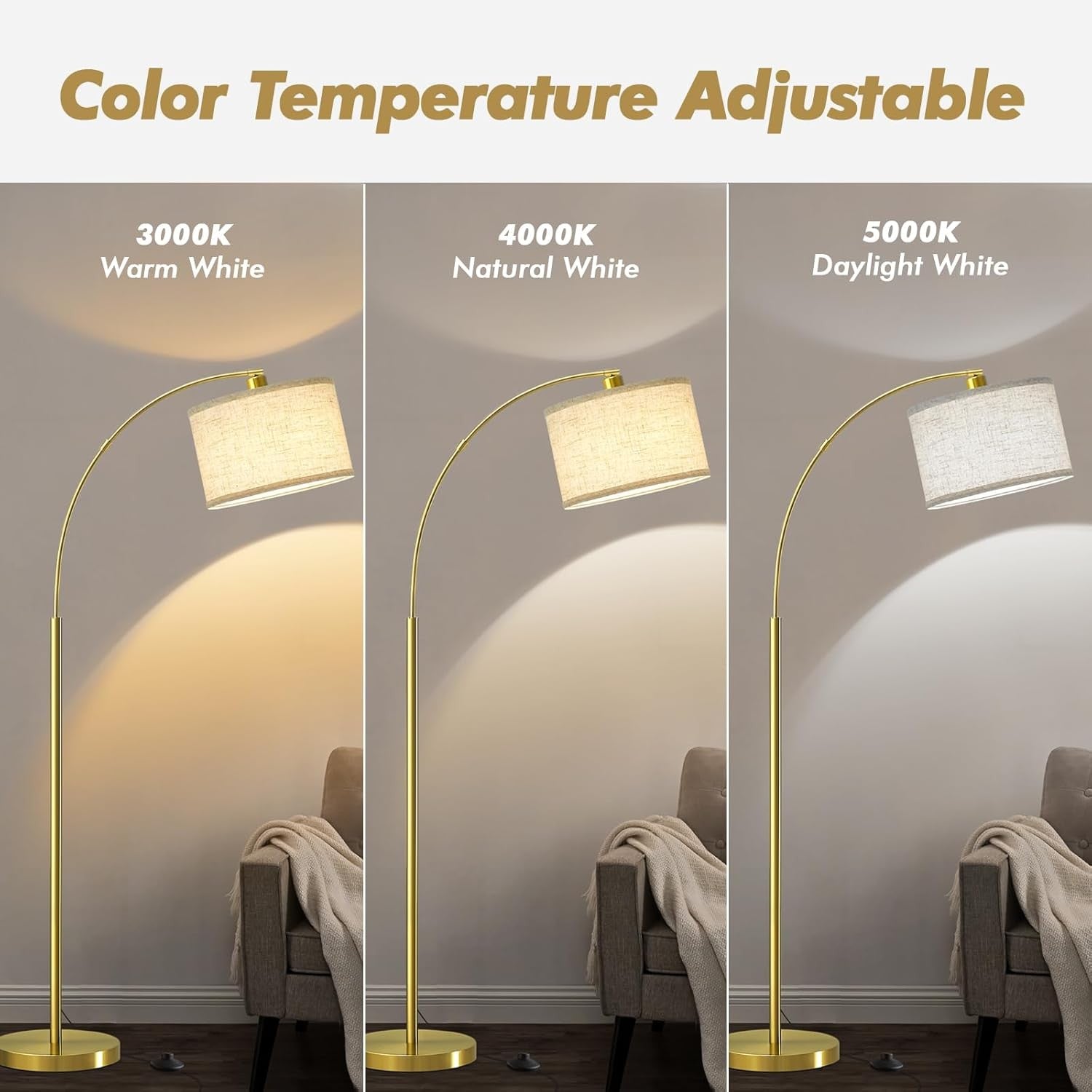 Gold Arc Floor Lamp Adjustable Head Tall Standing Light with Fabric Shade