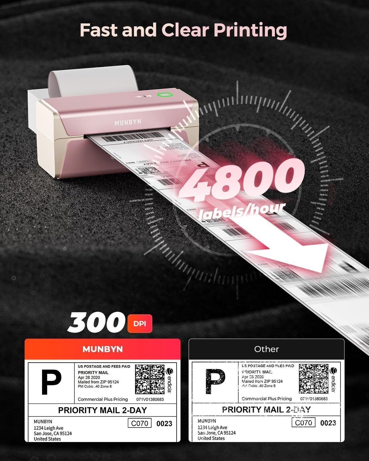 300DPI Pink WiFi Thermal Label Printer AirPrint Fast Shipping Labels