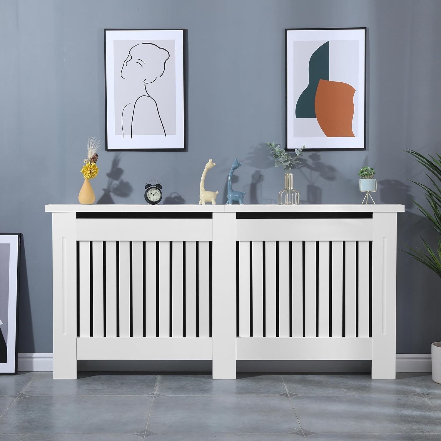 Extra Large White Radiator Cover Cabinet | MDF Wood Slatted Heating Shelf