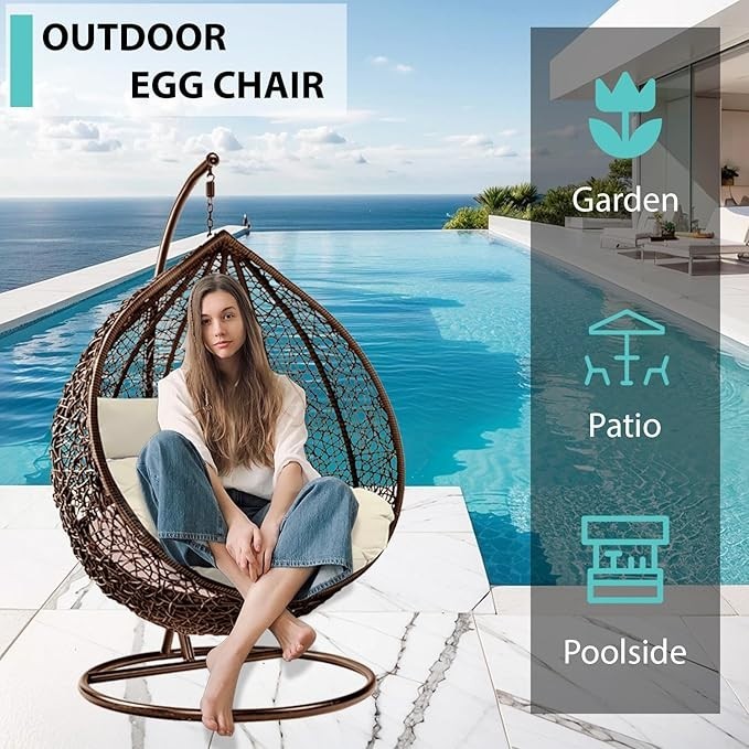 Outdoor Egg Chair Hanging Rattan Swing with Cushion & Steel Frame Garden Patio