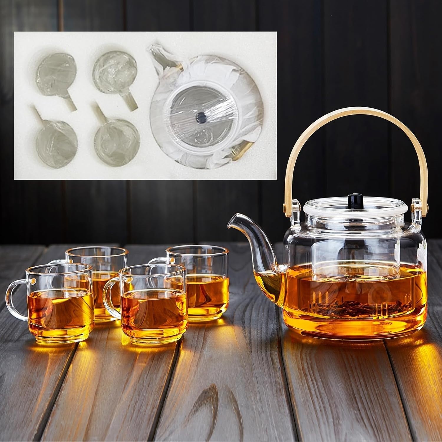 Glass Teapot Set 1100ml with Infuser 4 Cups Borosilicate Stovetop Safe