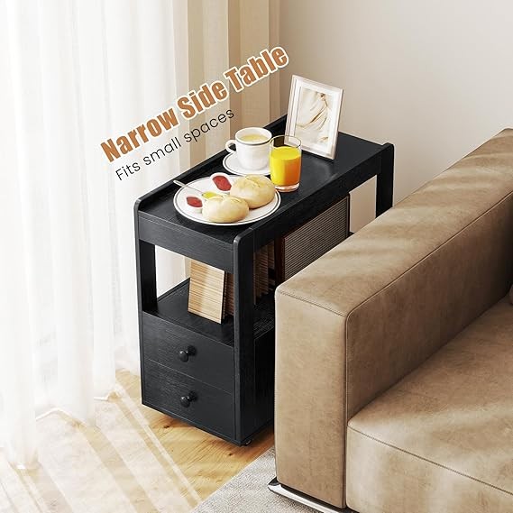Slim Rolling Bedside Table with Drawers & Shelves – Modern 3-Tier Nightstand