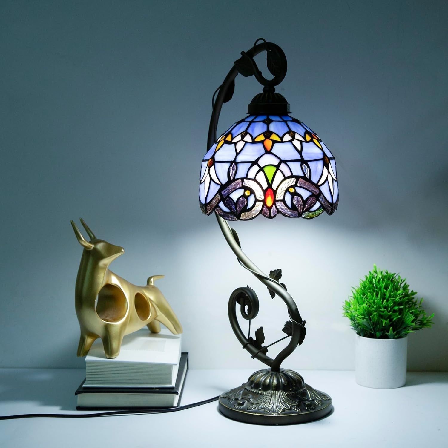 Stained Glass Desk Lamp Remote Dimming 3 Color Temp 11x11 Inch