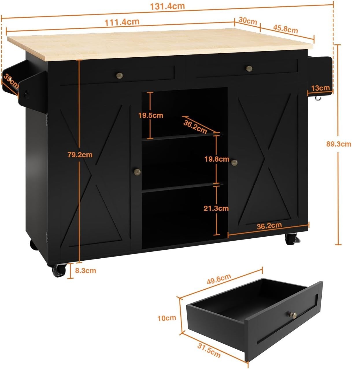 Rolling Kitchen Island Cart with Drop Leaf, Storage Cabinets & Wheels