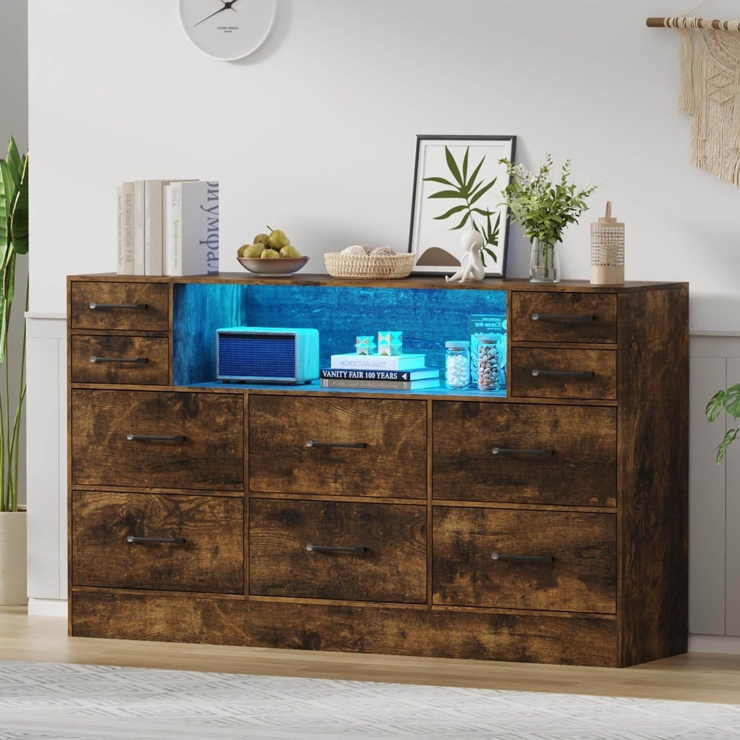 Rustic 10 Drawer LED Storage Cabinet with Wood Top for Bedroom 120x72cm