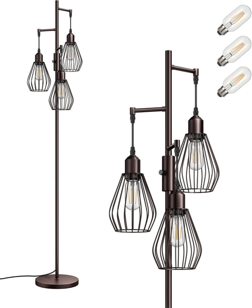 Dimmable Industrial Floor Lamp with Wire Cage Shades & 3 LED Bulbs