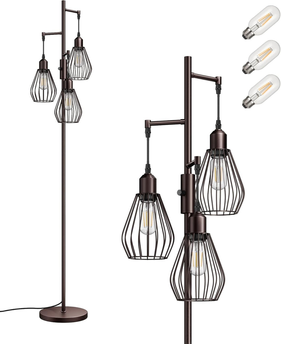 Dimmable Industrial Floor Lamp with Wire Cage Shades & 3 LED Bulbs