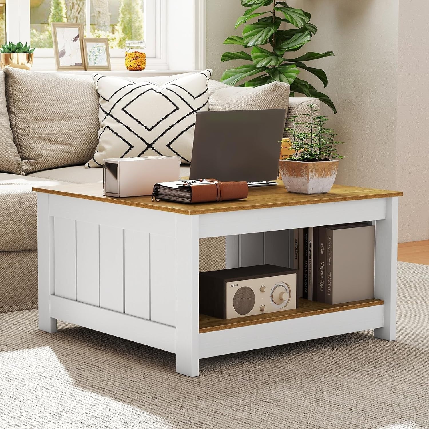 2-Tier Square Coffee Table with Storage Shelf Farmhouse Rustic 80x80x45cm