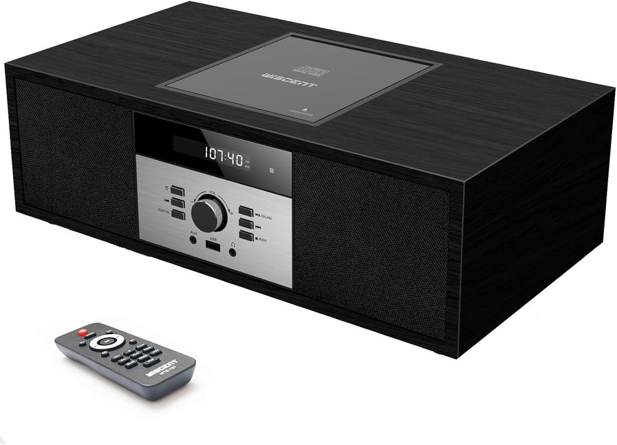 Retro Bluetooth CD Stereo System with USB, FM Radio, Wooden HiFi Speakers