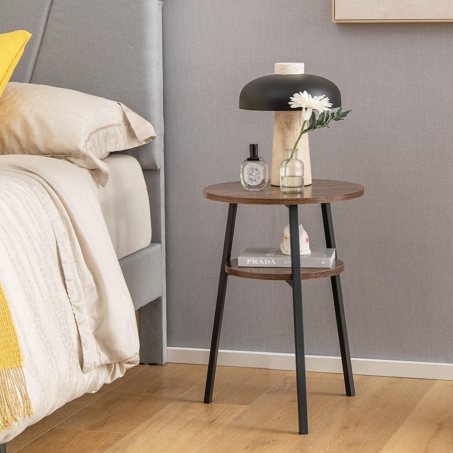 Round Industrial Side Table with Storage Shelf, Slim 2-Tier Coffee Nightstand