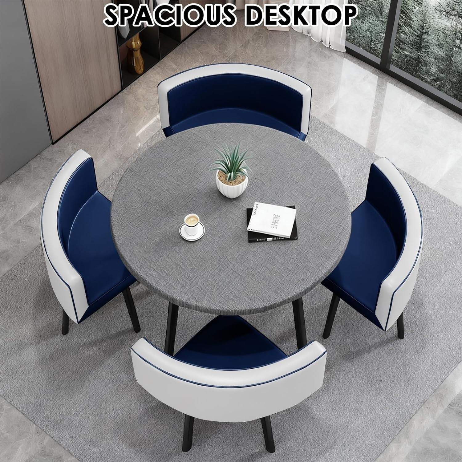 Modern Grey 35.4" Dining Table Set w/ 4 Blue Chairs – Space-Saving Faux Marble