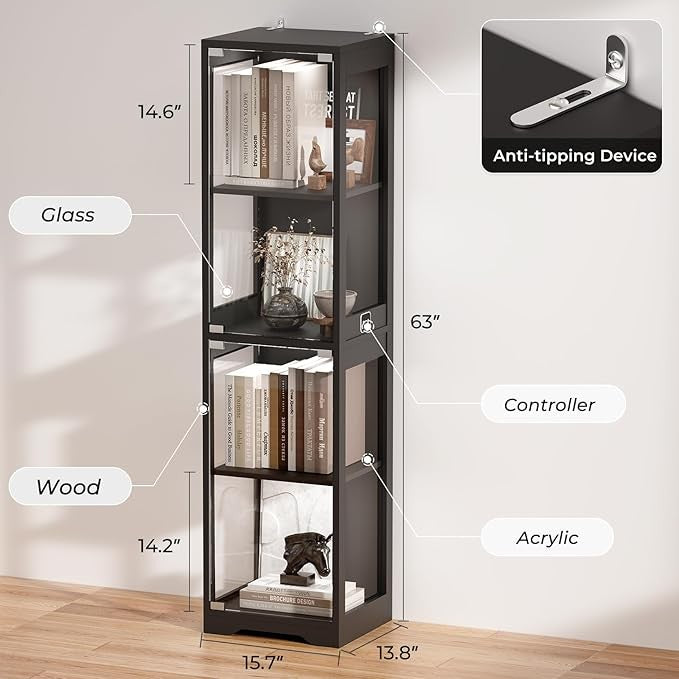 Tall LED Glass Display Cabinet with Doors & Motion Sensor Modern Showcase Unit