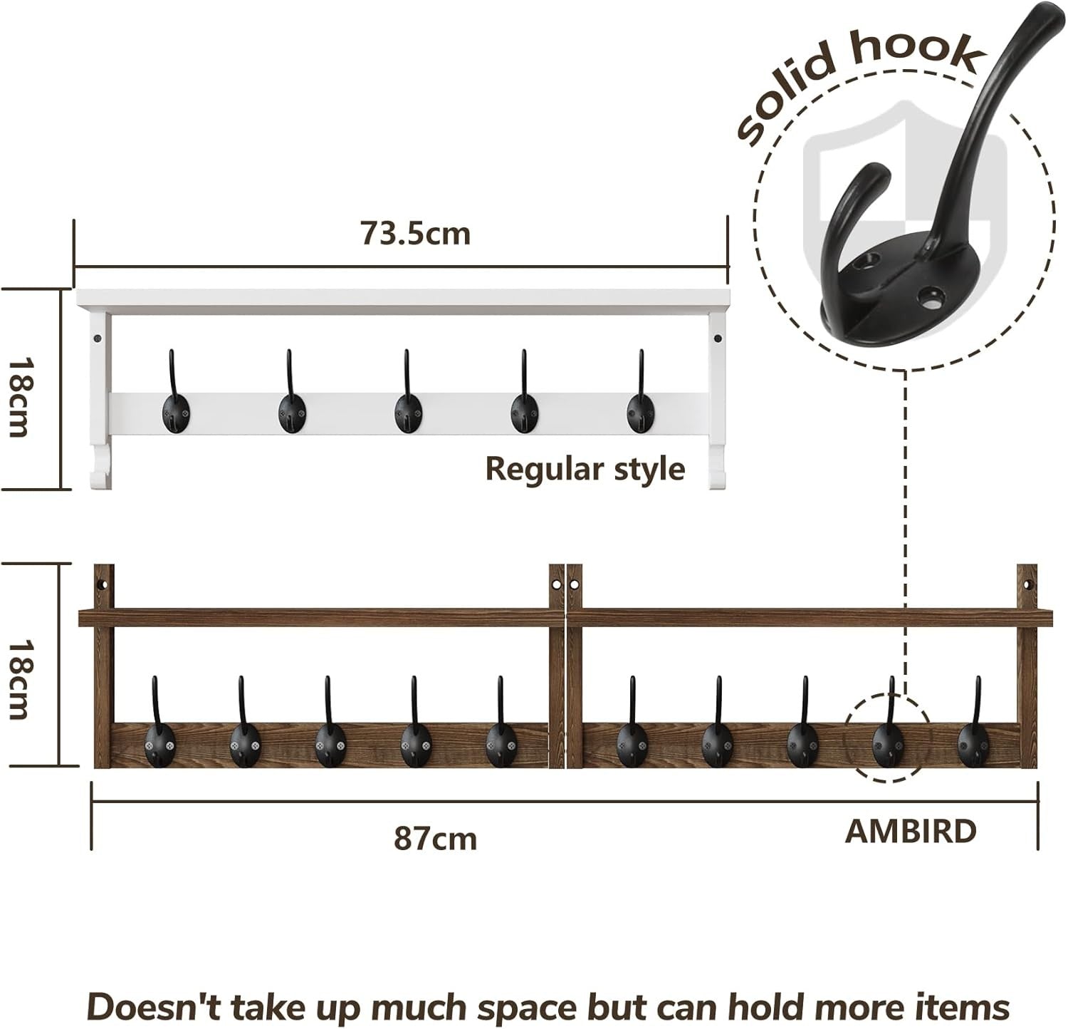 Wooden Wall Hook Rack with Shelf 87cm | 10 Hooks for Coats Hats Bags